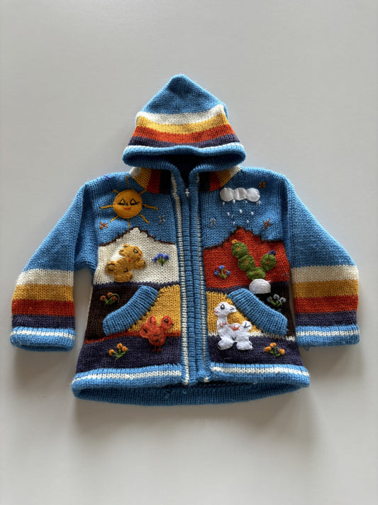 Blue Knit Applique Zip Up Hoodie