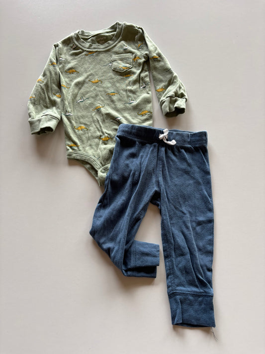 2pc Green Dino Onesie & Blue Pants