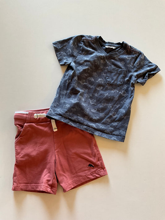 2pc Dusty Red Shorts & Dino Tee Set