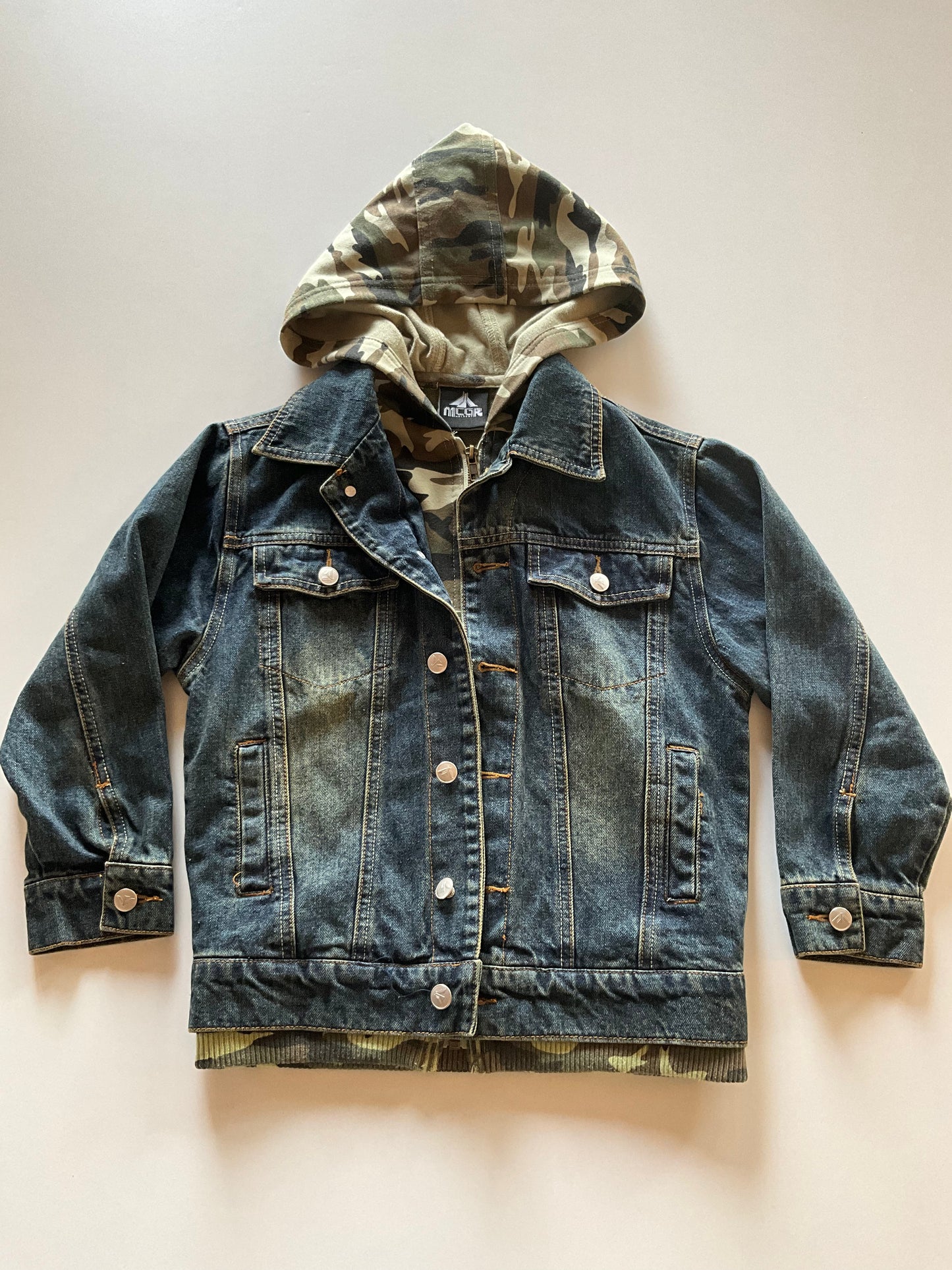Denim Jacket with Attached Camo Hoodie