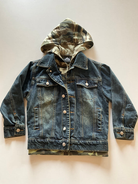 Denim Jacket with Attached Camo Hoodie