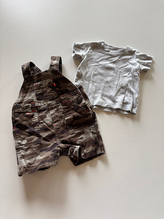 2pc Grey Tee & Camo Shorts Overalls Set