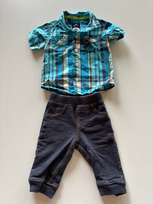 2pc Blue Plaid and Faux Denim Set