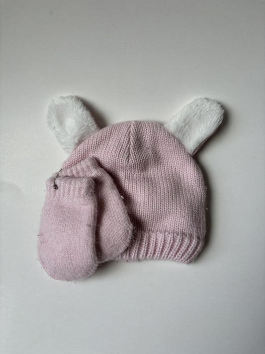 3pc Pink Knit Earred Toque & Thumbless Mitts