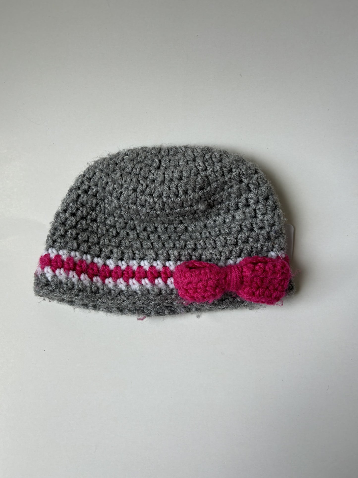 Grey Crocheted Toque with Pink Bow