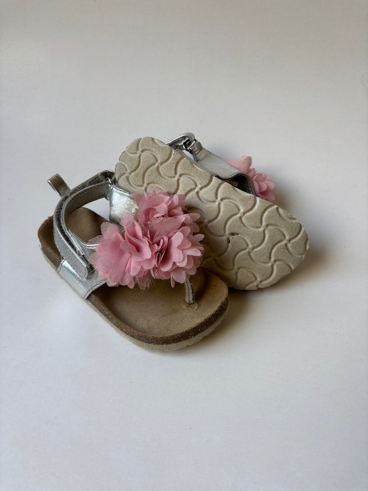 Silver Sandals with Pink Flowers