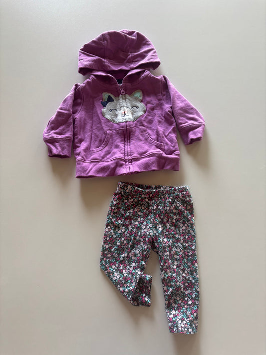 2pc Purple Cat Zip Up & Floral Leggings Set