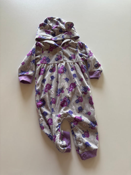 Hooded Grey & Purple Floral Fleece Romper