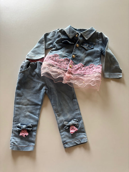 2pc Denim & Pink Western Set