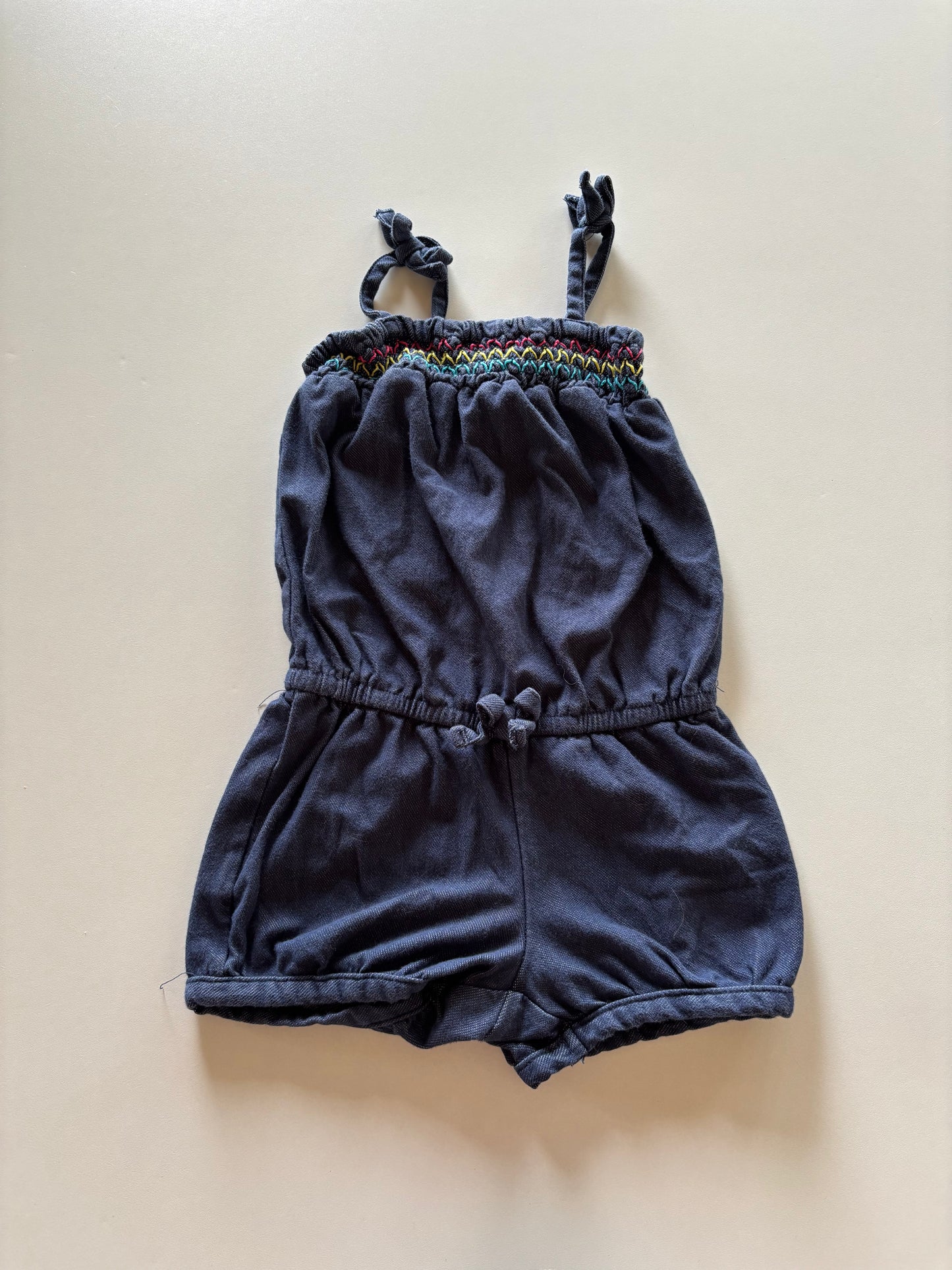 Smocked Faux Denim Romper
