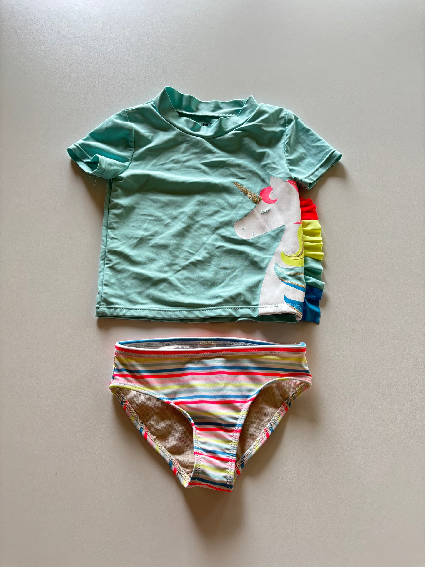 2pc Mint Unicorn & Stripes Swim Suit