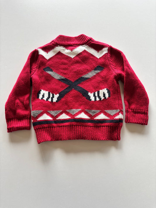 Red Knit Hockey Zip Up Sweater