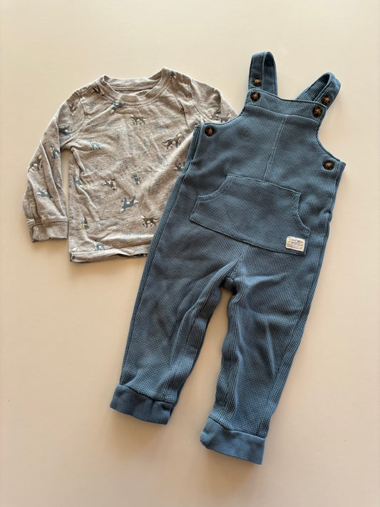 2pc Blue Waffle Overalls & Husky Shirt