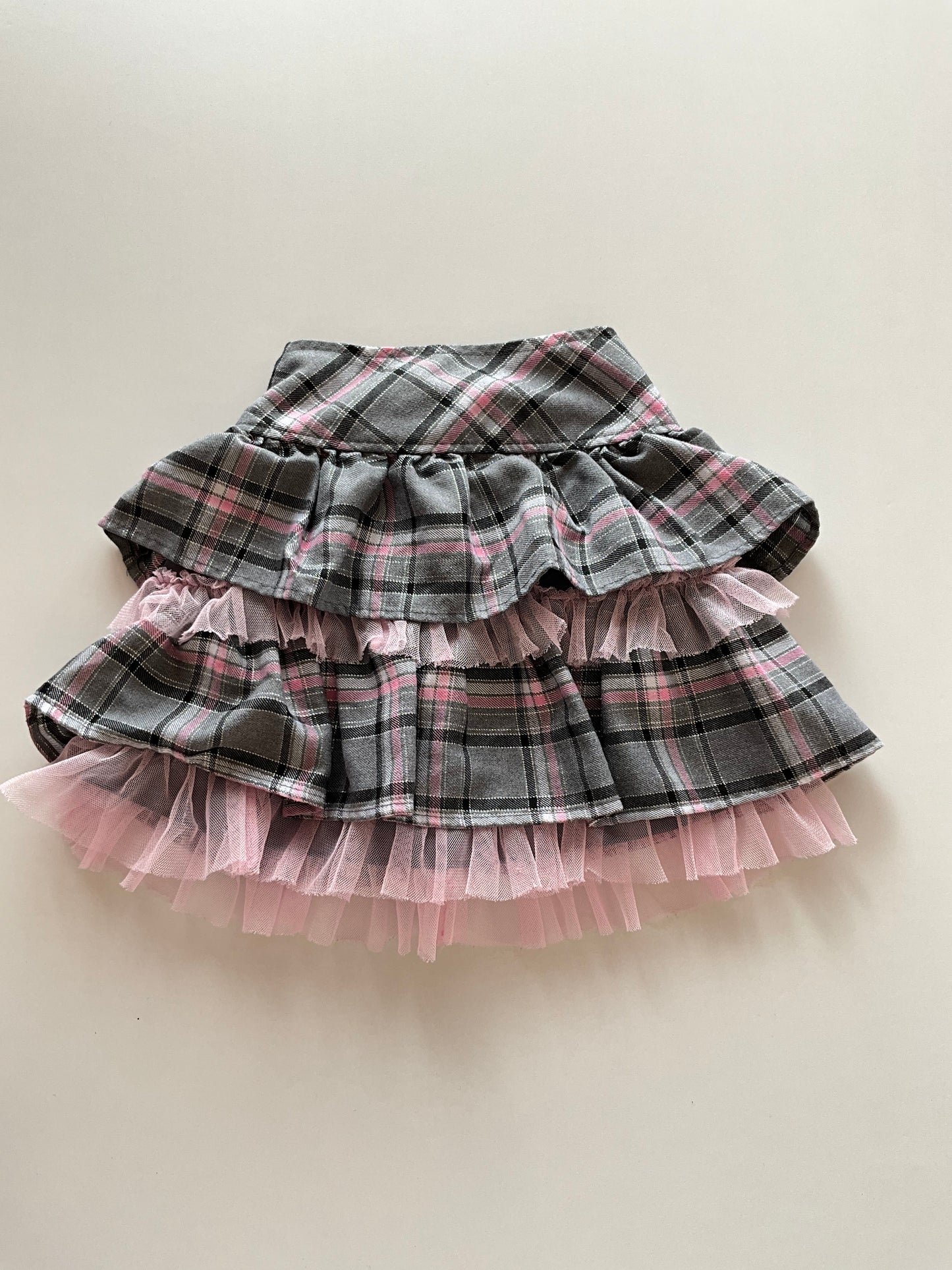 Grey & Pink Plaid Layered Skirt