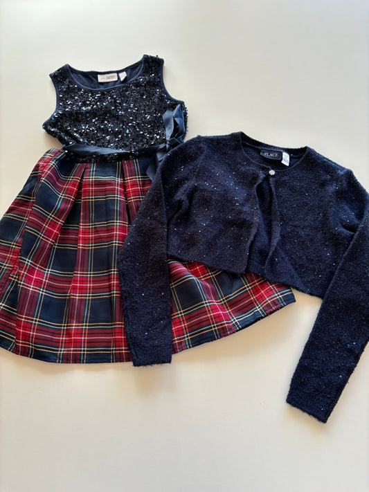 2pc Glittery Navy & Plaid Cardigan & Dress
