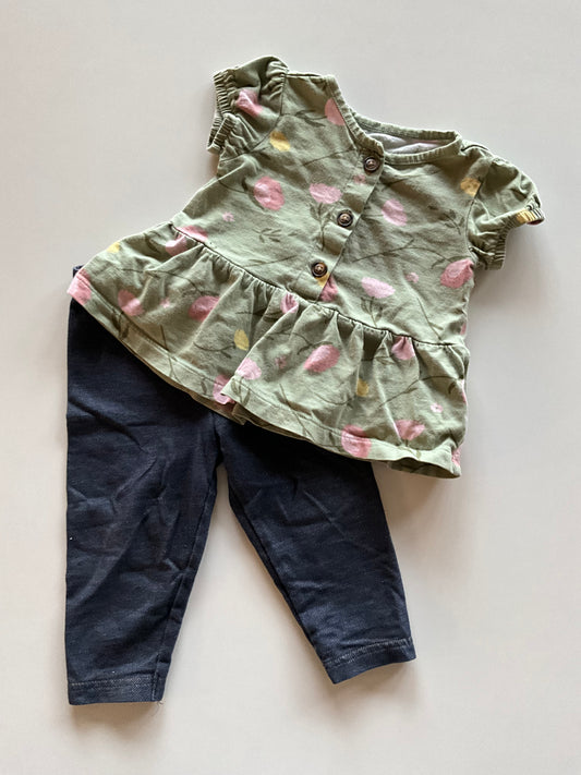 2pc Green Floral Tee & Denim Leggings Set
