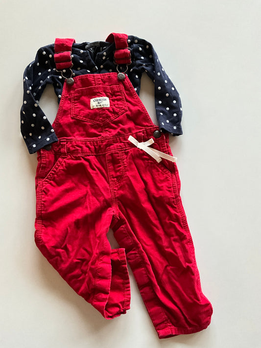 2pc Polka Dot Onesie & Red Corduroy Overalls