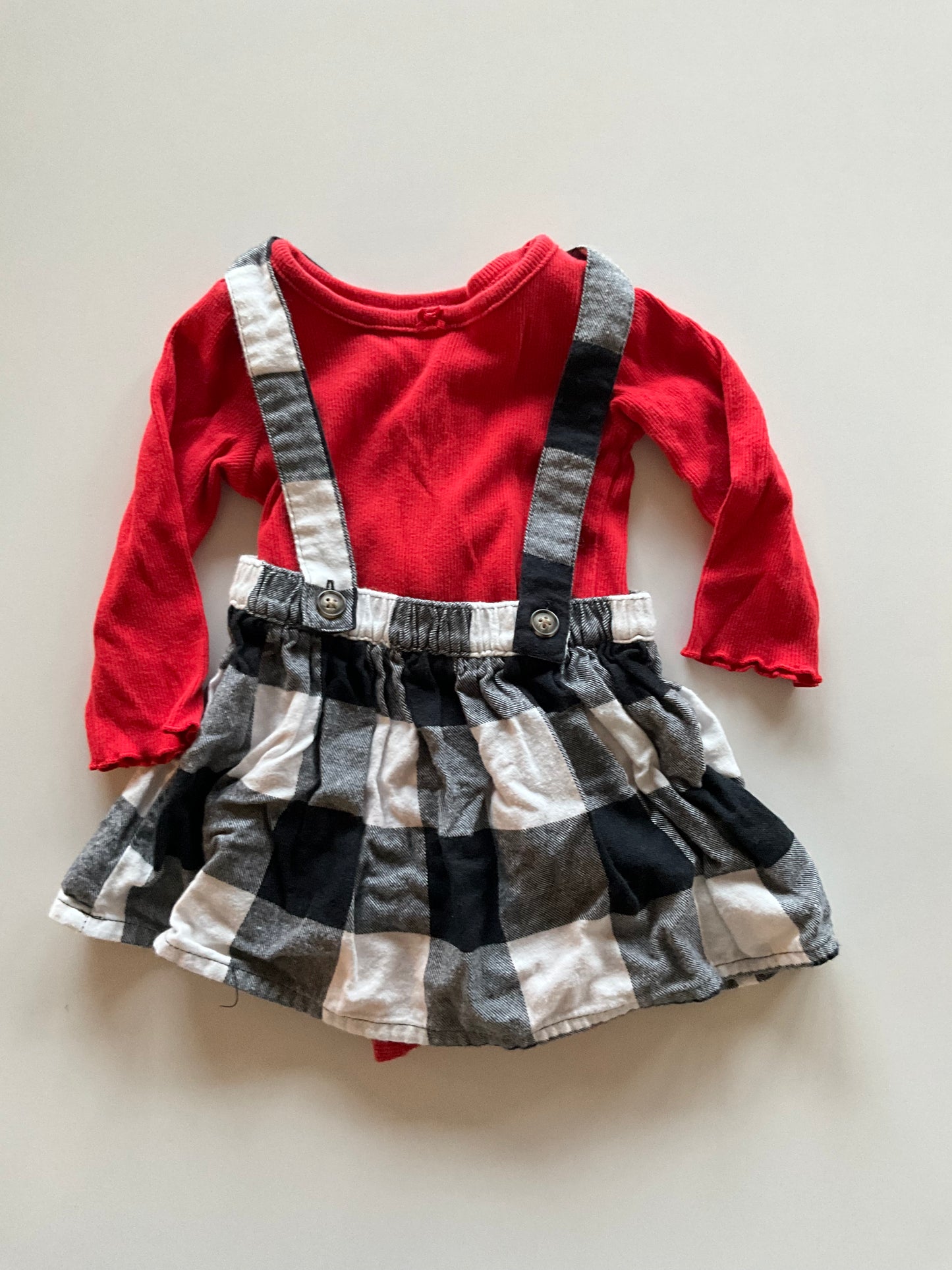 2pc Red Onesie & B&W Plaid Skirt