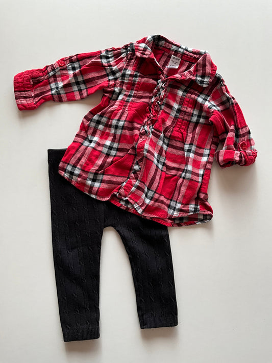 2pc Red Plaid Shirt & Black Leggings Set