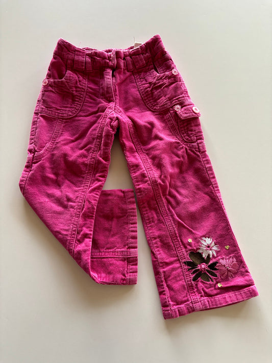 Pink Embroidered Flower Corduroy Pants