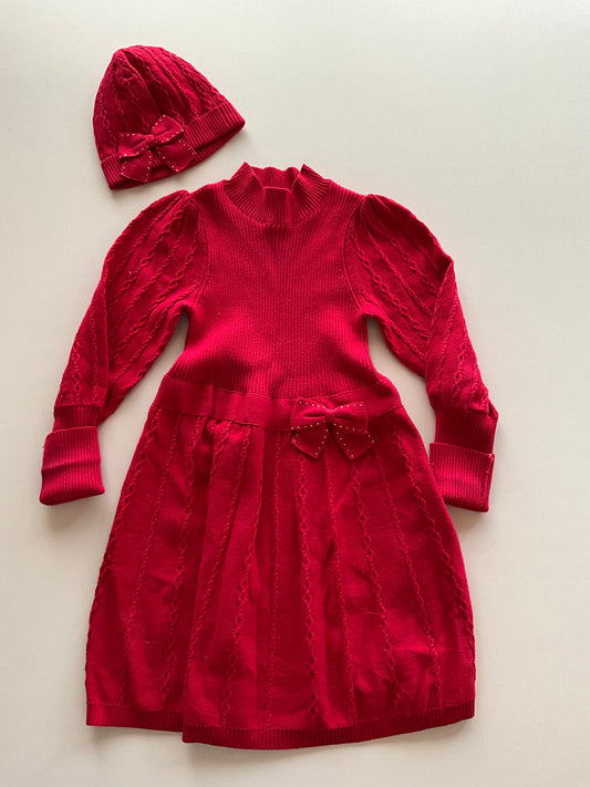 2pc Red Ribbed Dress & Beanie