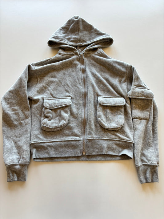 Cropped Grey Cargo Zip Up Hoodie