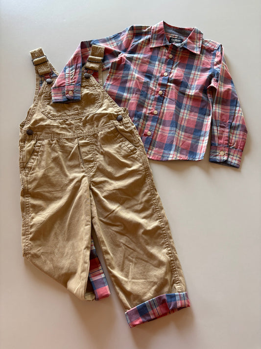 2pc Red & Blue Plaid Shirt & Matching Tan Overalls