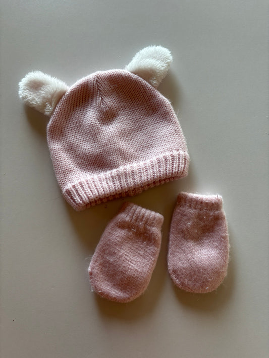 3pc Pink Earred Toque and Thumbless Mitts Set