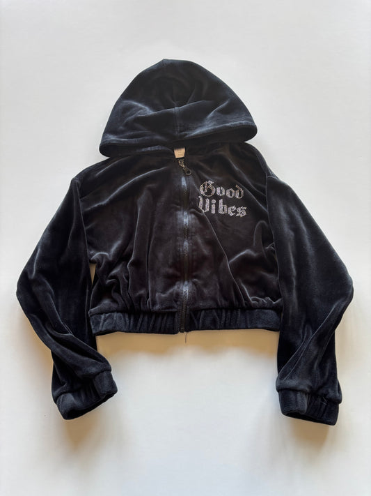 Black Velour Cropped Good Vibes Hoodie