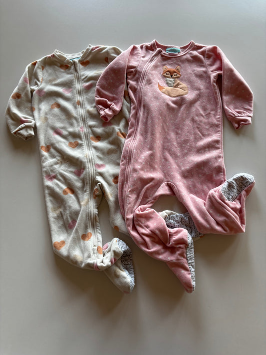 2 Pairs Pink Fox & White Hearts Fleece Sleepers