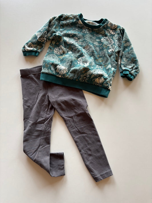 2pc Turquoise Floral Sweater & Grey Leggings