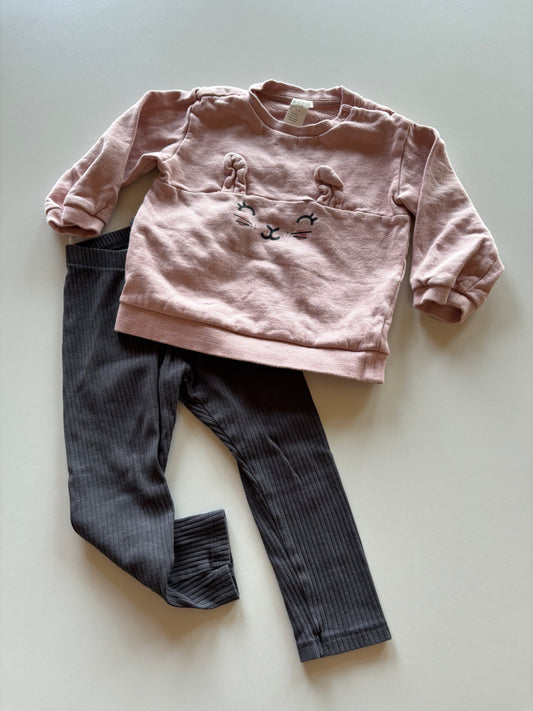 2pc Pink Bunny Sweater & Grey Ribbed Leggings