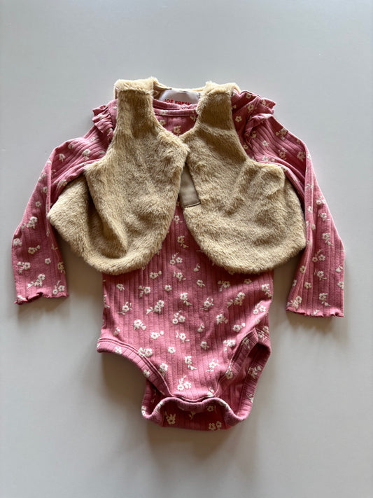 Pink Floral Onesie & Faux Fur Vest
