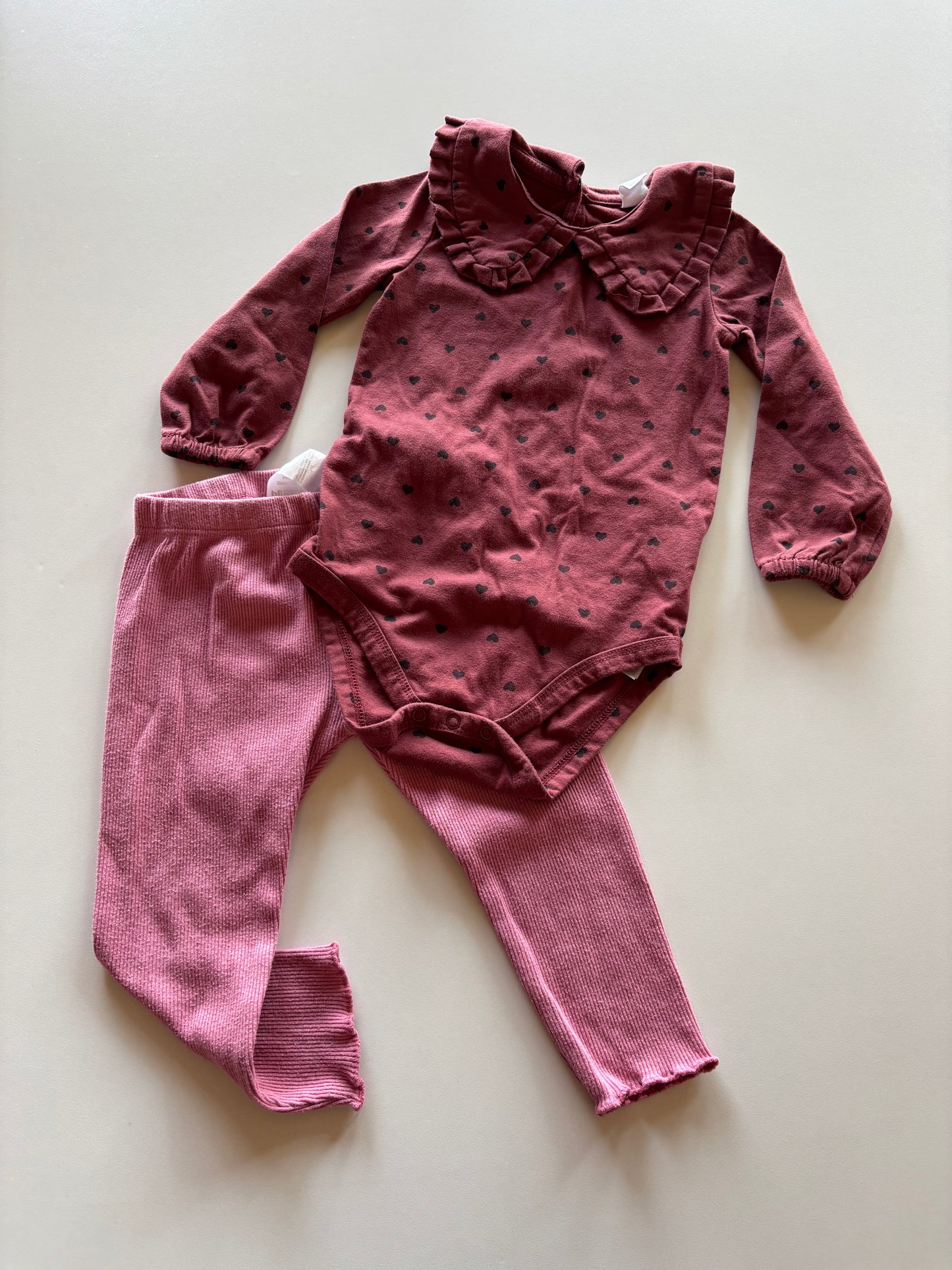 2pc Burgundy Heart Onesie & Pink Ribbed Leggings