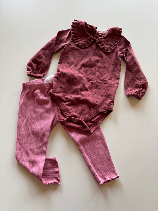 2pc Burgundy Heart Onesie & Pink Ribbed Leggings