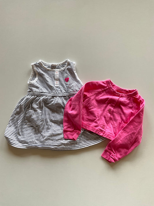 2pc Striped Onesie Dress & Pink Cardigan