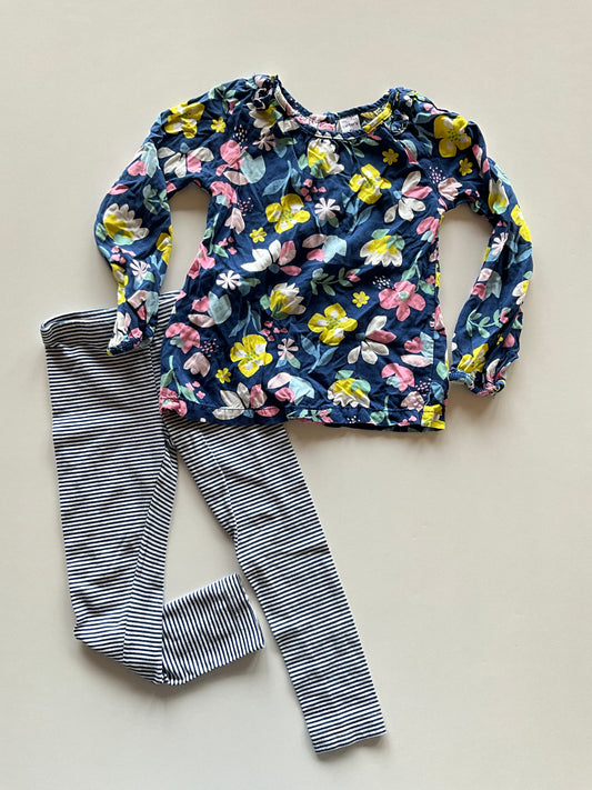 2pc Blue Floral & Striped Leggings Set