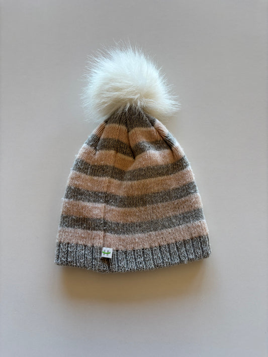 Grey & Pink Striped Pom Toque