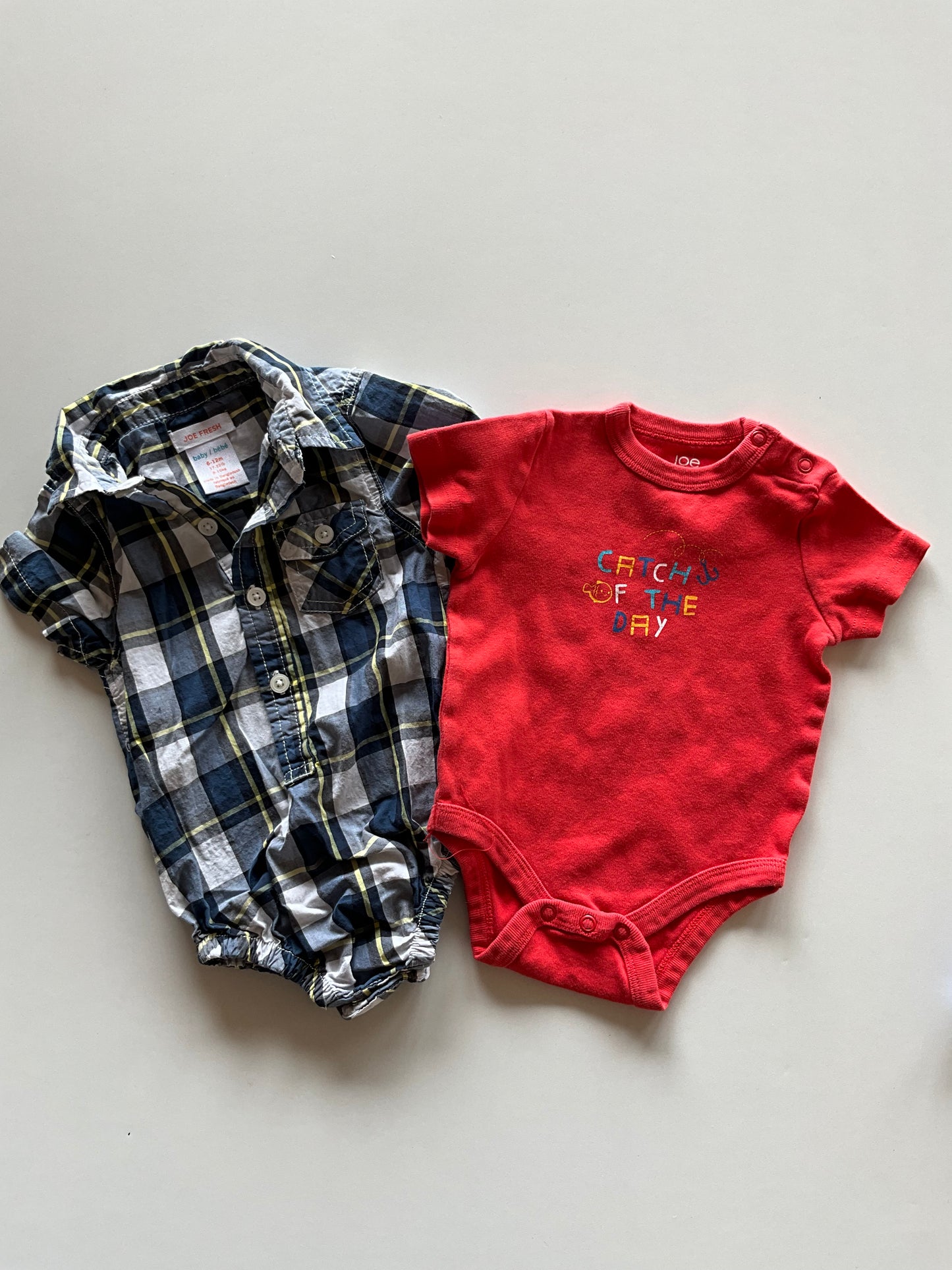 2 Onesies - Plaid Button up and Red